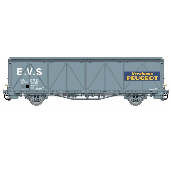 Wagon couvert EVS gris, bande jaune, parois renforcées, toit haut, SNCF, Ep. V